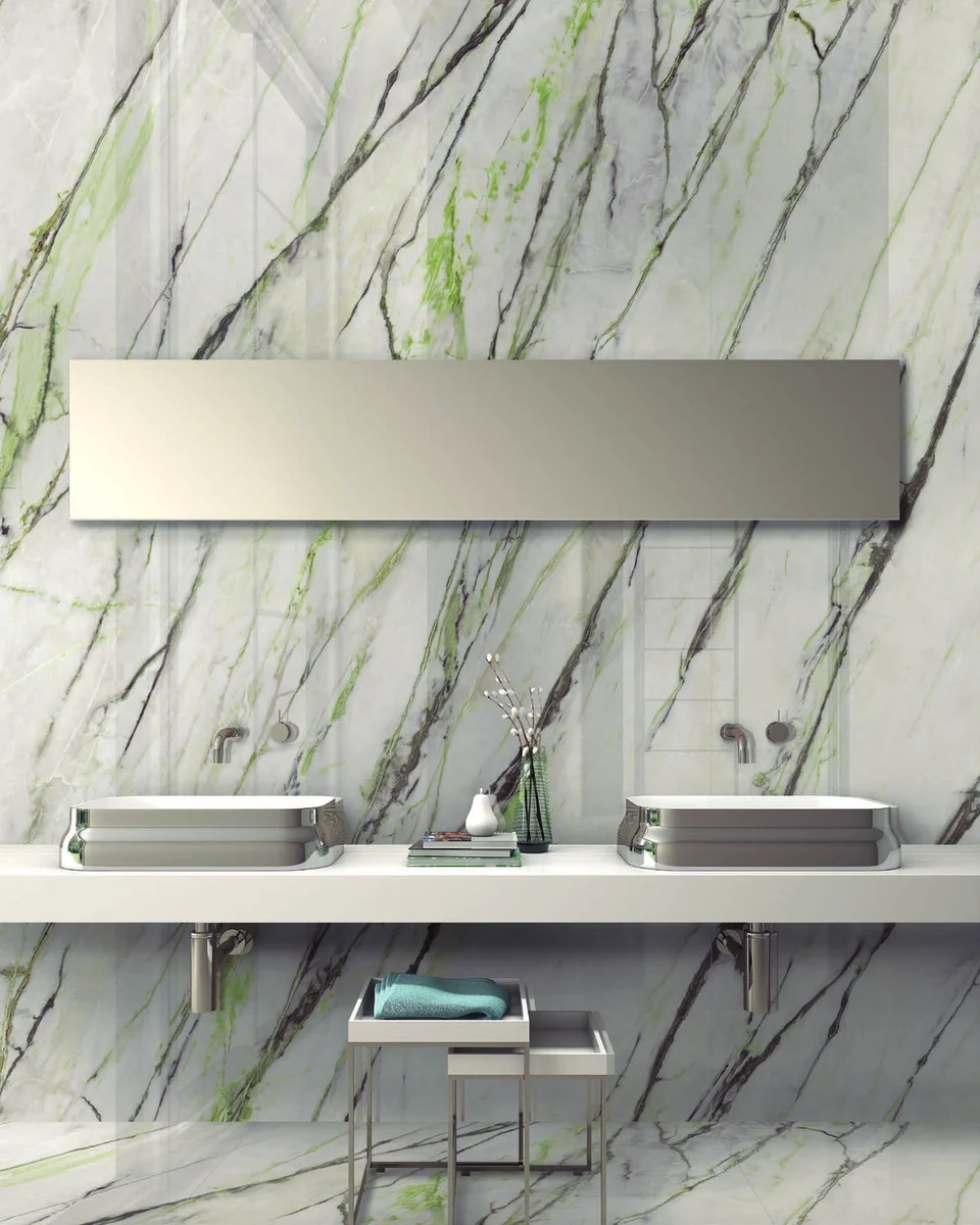 Calacatta Green porcelain slab feature wall in a finished bathroom