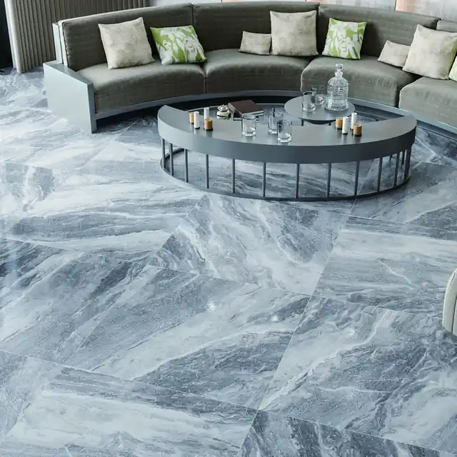 Blue-grey marble-effect porcelain floor in an open lounge