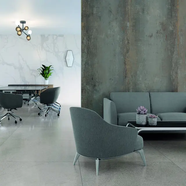 White marble-effect porcelain in a bright workspace